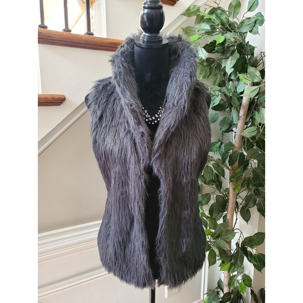 Belle Du Tour Women Gray 100% Polyester Sleeveless Open Front Faux Fur Vest L